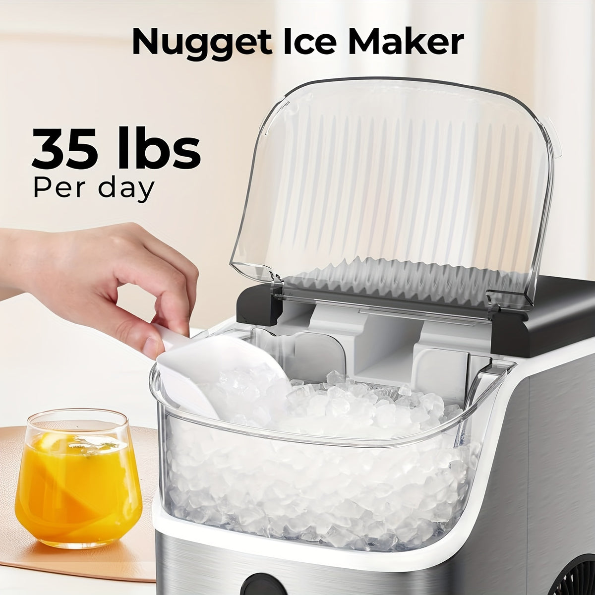 Countertop Nugget Ice Maker, Self-Cleaning Ice Machine with Ice Scoop And Basket, Portable Ice Maker Machine, 35Lbs in 24Hrs, Perfect for Home/Kitchen/Camping/Rv