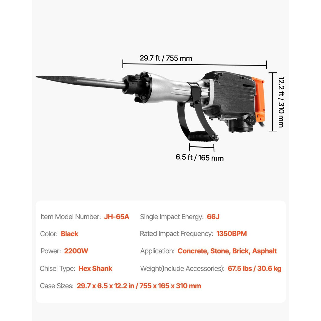 VEVOR Demolition Jack Hammer, 2200W 1350 BPM / 1400 BPM Jack Hammer Concrete Breaker, Heavy Duty Electric Jack Hammer 4pcs/6pcs Chisels Bit with Gloves, 360°C Swiveling Front Handle for Trenching and Breaking Holes