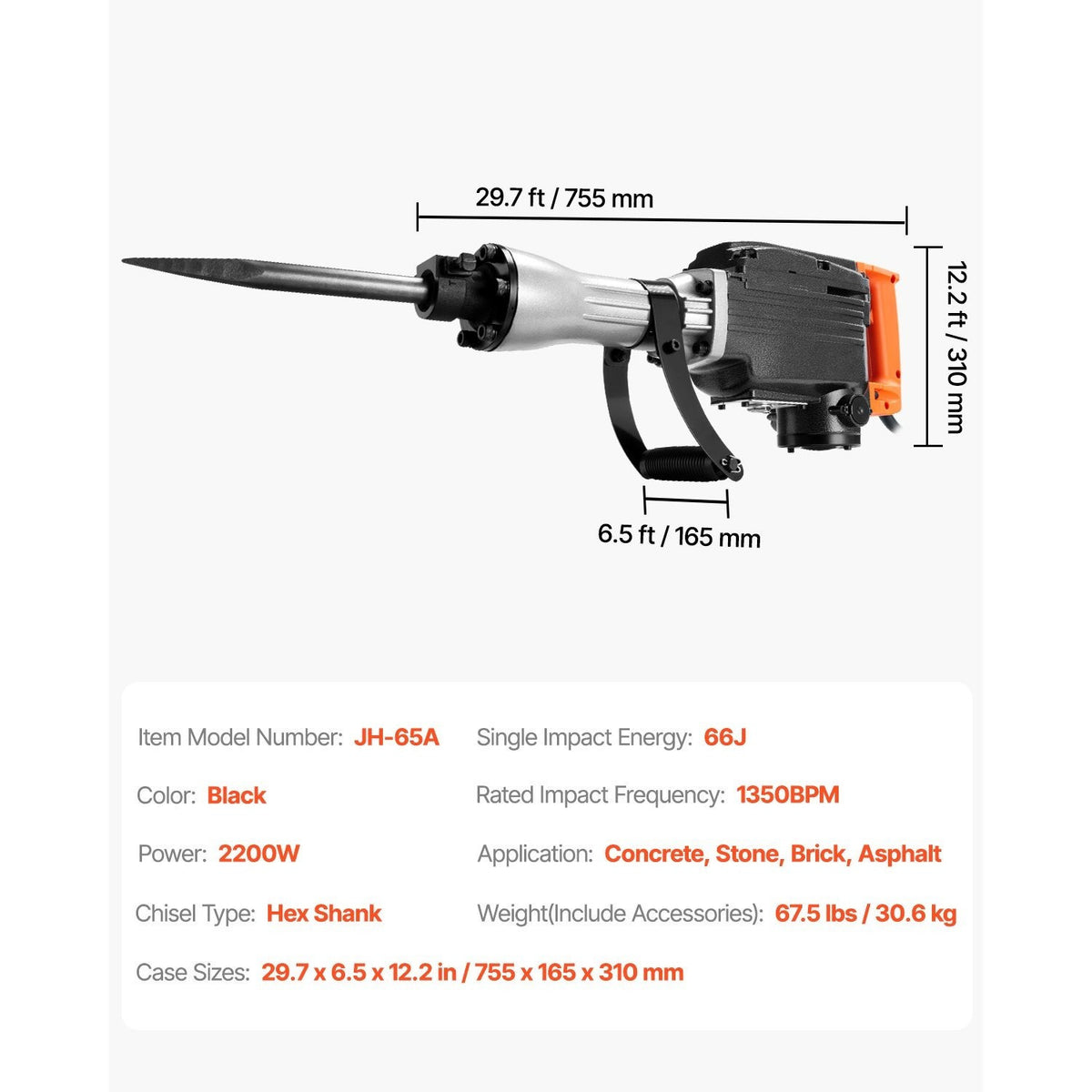 VEVOR Demolition Jack Hammer, 2200W 1350 BPM / 1400 BPM Jack Hammer Concrete Breaker, Heavy Duty Electric Jack Hammer 4pcs/6pcs Chisels Bit with Gloves, 360°C Swiveling Front Handle for Trenching and Breaking Holes