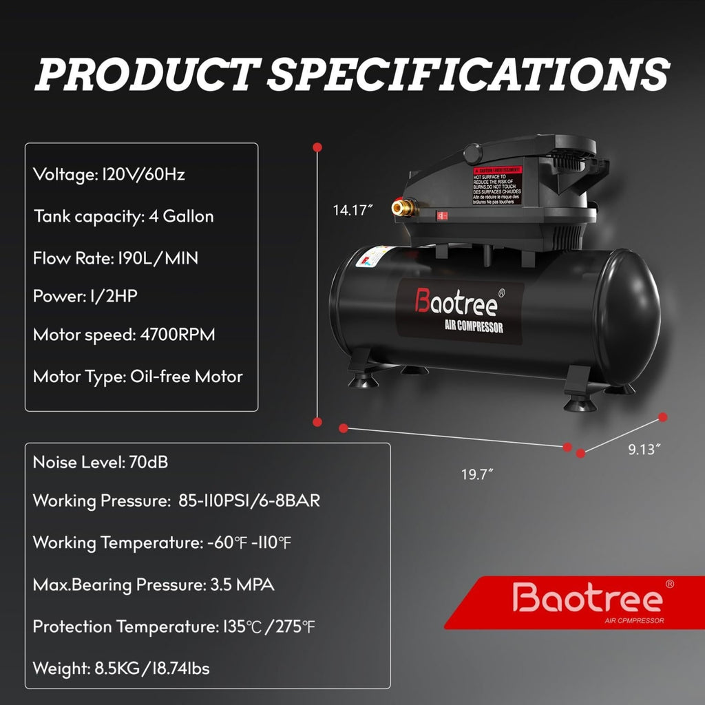 [Portable Ultra Quiet] 4 Gallon Portable Ultra Quiet Air Compressor, Max 110PSI Oil Free Air Compressor Tank, 0.5HP Motor 0.6SCFM@90 PSI, 1.0SCFM@40PSl Garage Air Compressors For Car Repair, Spray Painting, Woodwork Nailing