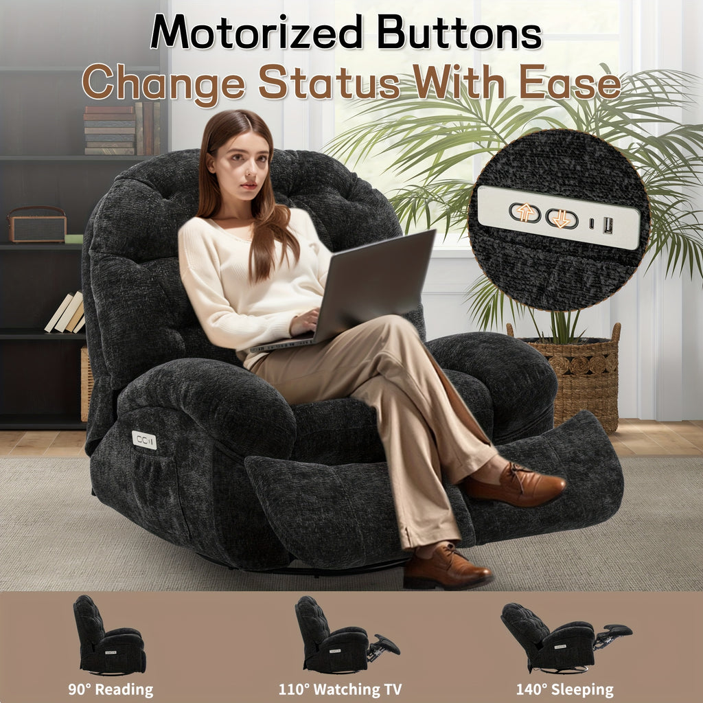 Living Room Swivel Recliner, Adult Electric Recliner with USB Ports and Side Pocket Storage, Comfortable Soft-shell Rocking Chair, Chenille Material Large-seat-width Recliner for the Living Room, Generously Wide Seating, a Fine Gift
