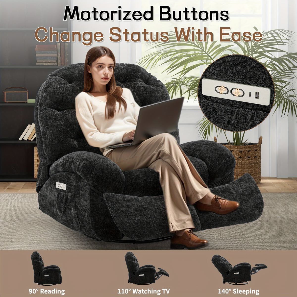 Living Room Swivel Recliner, Adult Electric Recliner with USB Ports and Side Pocket Storage, Comfortable Soft-shell Rocking Chair, Chenille Material Large-seat-width Recliner for the Living Room, Generously Wide Seating, a Fine Gift