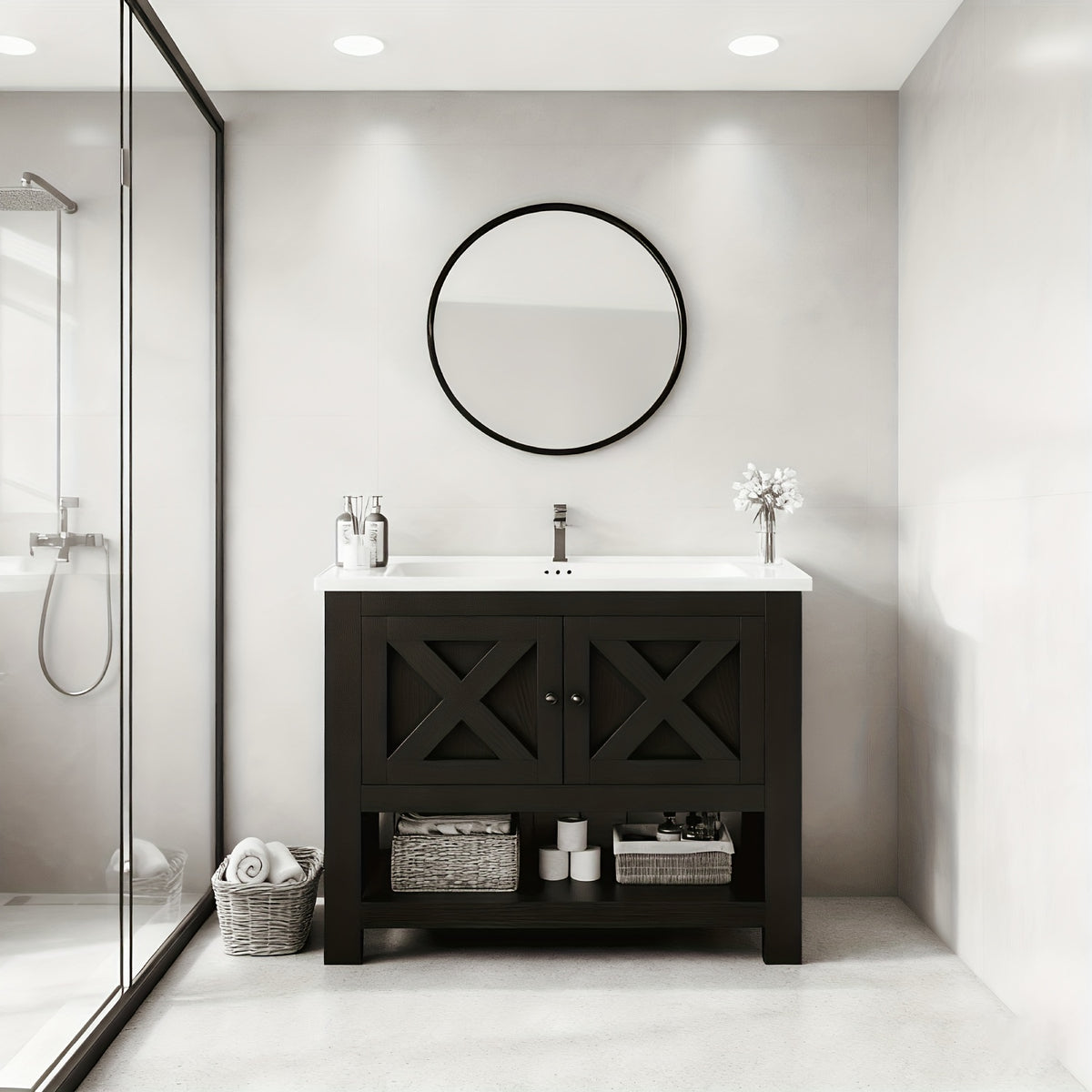 [Bathroom Vanity Cabinet] 4 Ever Winner 35-Inch Bathroom Vanity Cabinet With 2 Doors And Open Shelf, Country Style Bathroom Vanity With Sink, Black/White