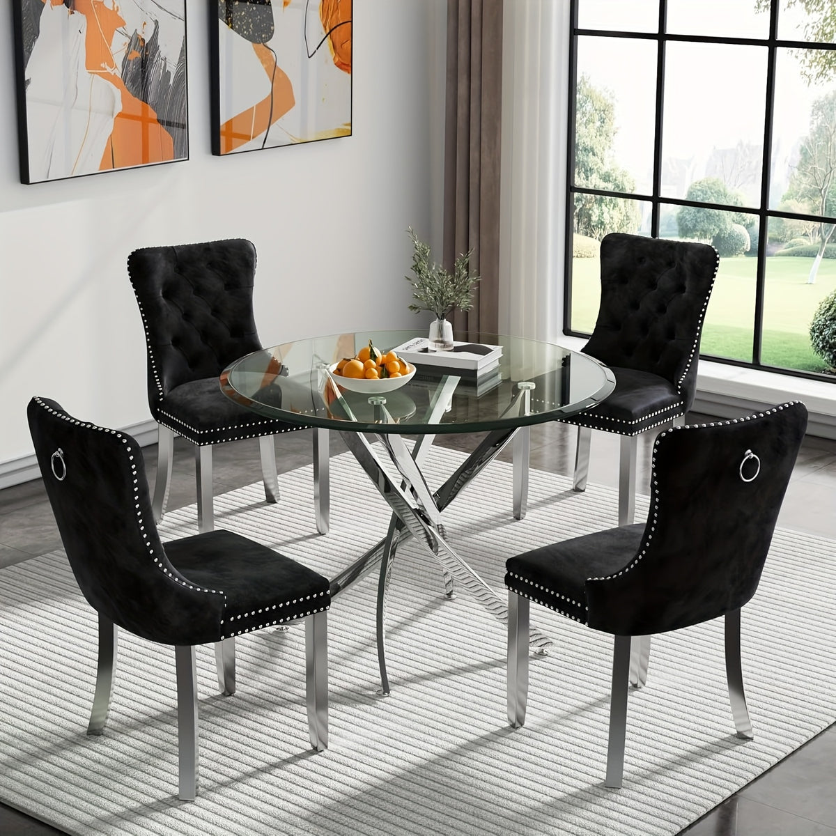 5/3/1pc Round Dining Table Set, Modern Tempered Glass Dining Table With Velvet Dining Chairs, 36" Kitchen Table With Stainless Steel Base For Living Room, Dining Room, Kitchen, Office, Lounge