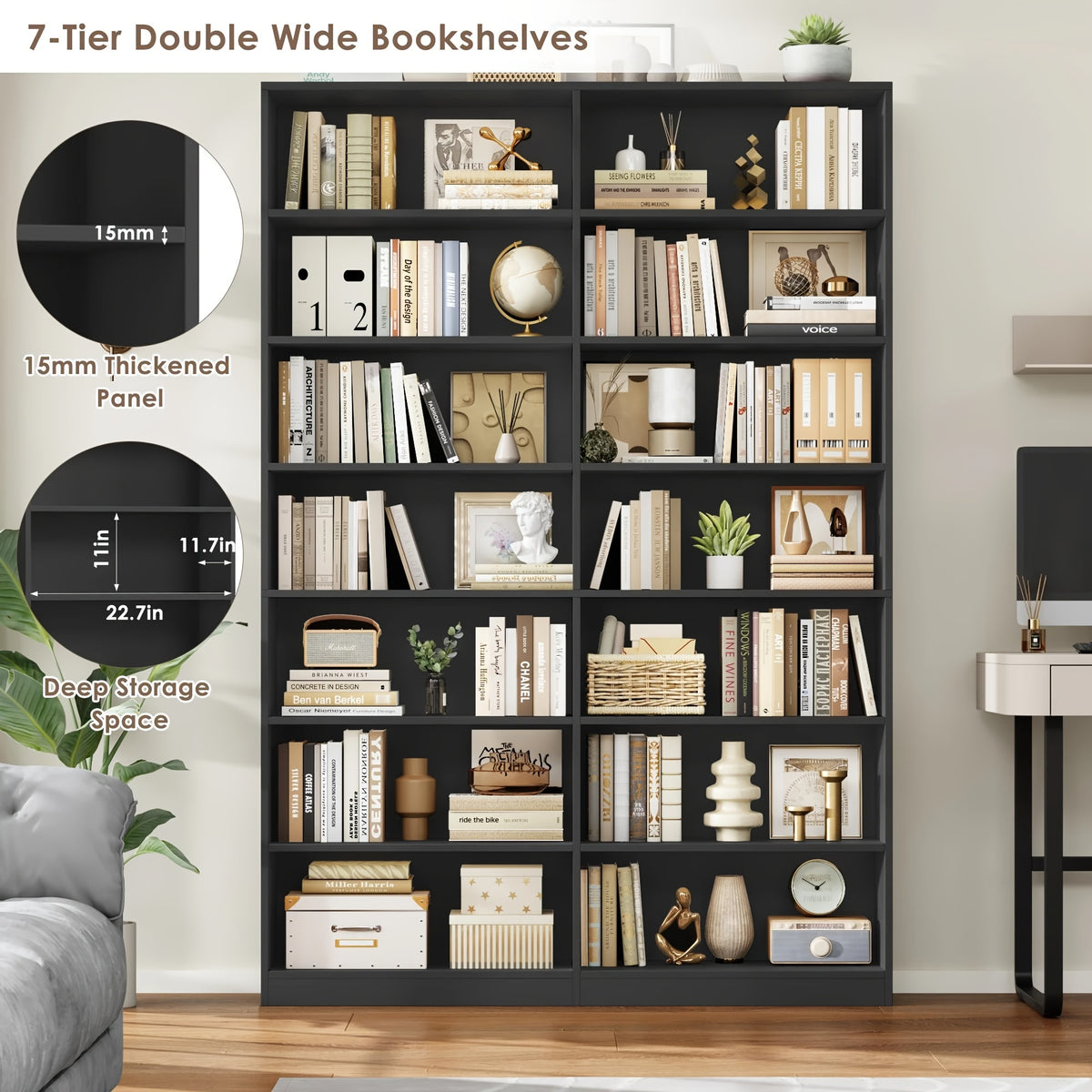 FULTRU 83.6" Tall 7-Tier Bookshelf & Bookcase - Heavy-Duty, Black Modern -Standing Bookcase with 14 Open Shelves, Easy Assembly, Book Shelves, Shelves For Wall, Book Shelf Organizer, Book Organizers And Storage, Shelf For Bedroom, Book Shelf For Bedroom,