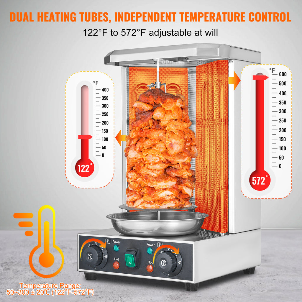 VEVOR Stainless Steel Shawarma Grill Machine Vertical Gyro Rotisserie Doner, Electric/Electric heating type/Gas (propane)