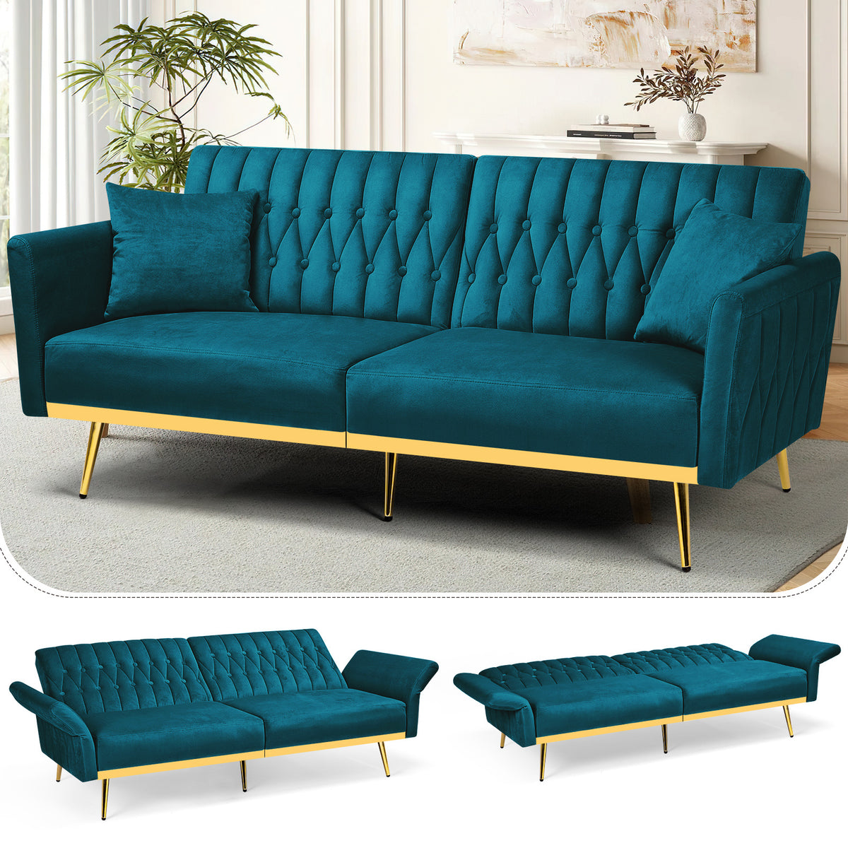 ACMEASE 70-Inch Velvet Convertible Sofa Bed with 2 Pillows, Adjustable Backrest And Armrest Tufted Sleeper Sofa with Golden Metal Legs for Living Room
