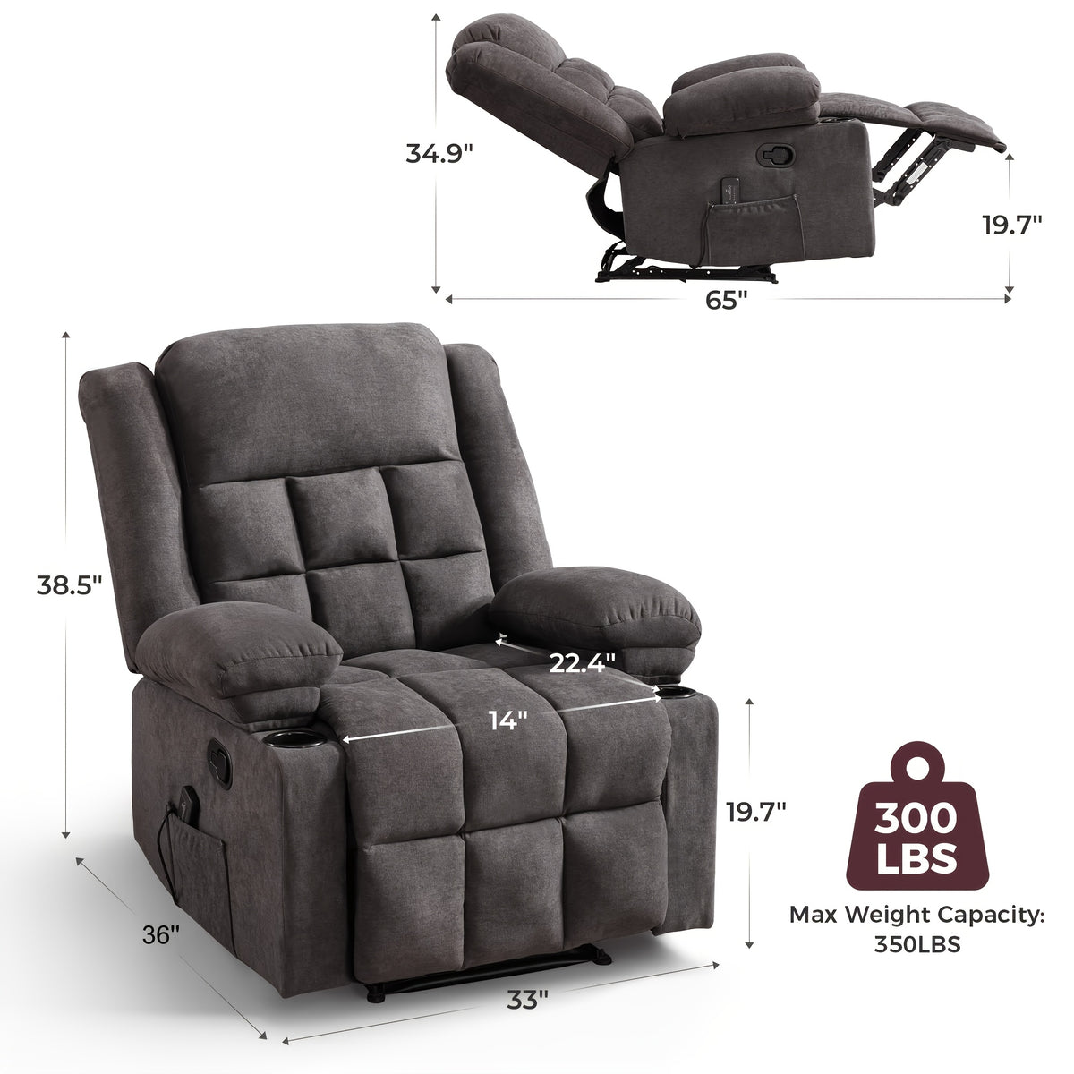 Manual Recliner Chair with Massage And Heat Ergonomic Overstuffed Breathable Fabric Reclining Chair with 2 Side Pockets, 2 Cup Holders, Remote Control, for Game & Recreation Room Furniture