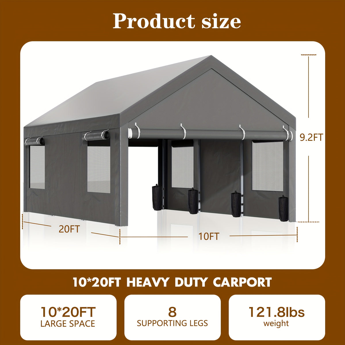JAMFLY Sturdy Carport Featuring Roll-Up Ventilated Windows, Outdoor Canopy, Portable Garage Gazebo Equipped with Detachable Sidewalls & Doors for Vehicles, Truck, Boat, All-Season Tarp Car Canopy