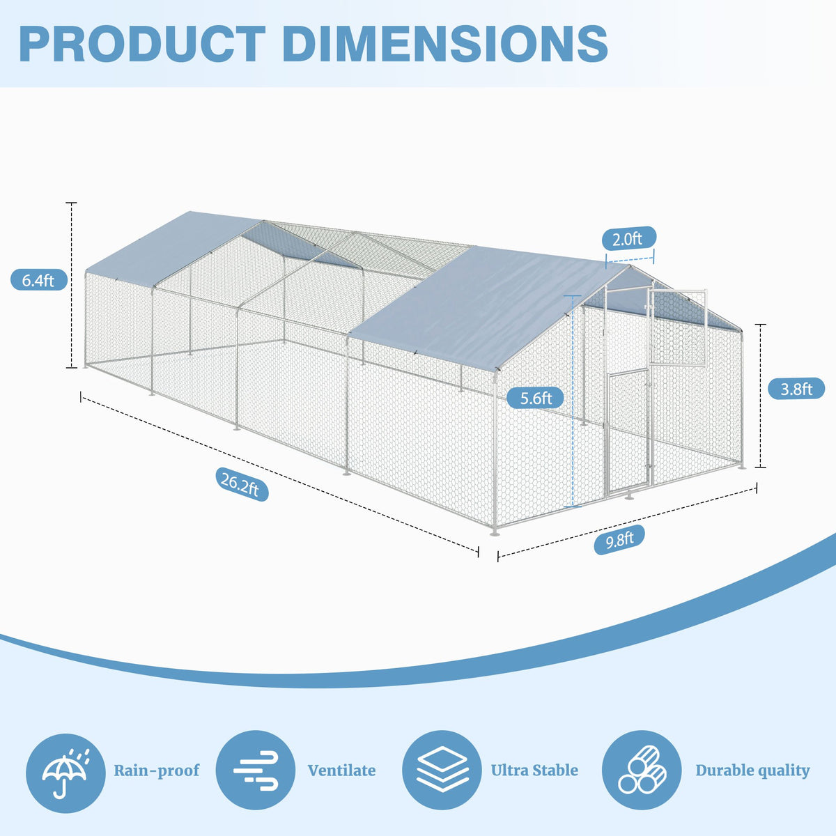Walk-In Chicken Run with Feeding Port and UV-Resistant Cover, Galvanized Outdoor Poultry Enclosure