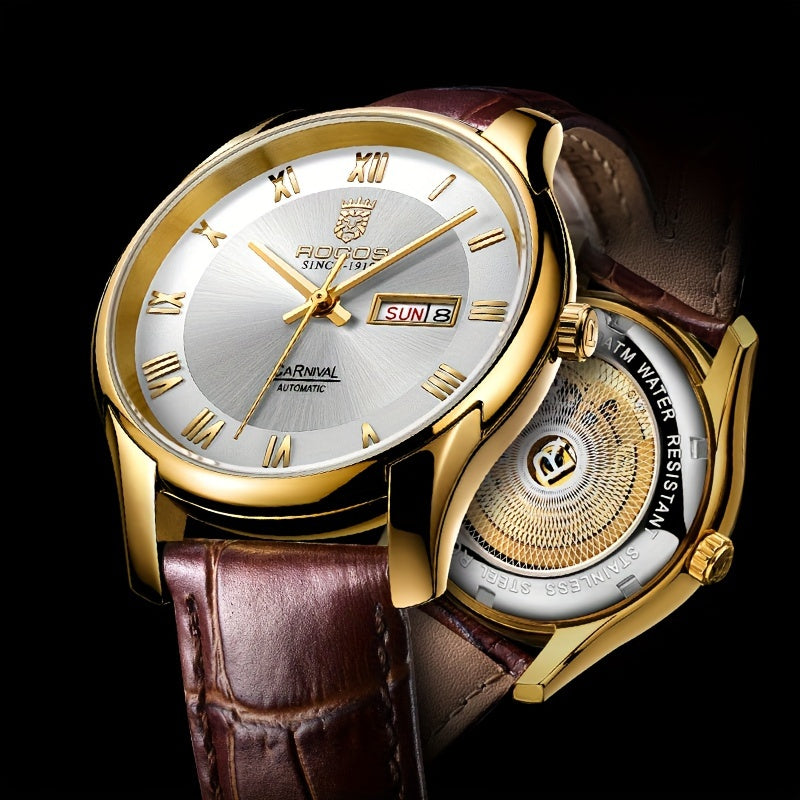 ROCOS Brand Luxury Golden Men's Watches High-end Business Simple Fashion Men's Watches Automatic Mechanical Watches Sun Pattern Brushed Dial Calfskin Strap Waterproof Men's Watches Week Calendar Display Gifts for Men