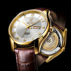 ROCOS Brand Luxury Golden Men's Watches High-end Business Simple Fashion Men's Watches Automatic Mechanical Watches Sun Pattern Brushed Dial Calfskin Strap Waterproof Men's Watches Week Calendar Display Gifts for Men