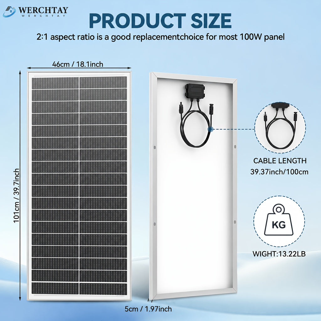 Werchtay 400W Solar Panels, 4×100W 25.5% High-Efficiency Monocrystalline Solar Panel, Waterproof PV Module for RV, Marine, Rooftop, Farm Battery, and Other Off-Grid Applications (4*100W) - Summer Early Bird Special