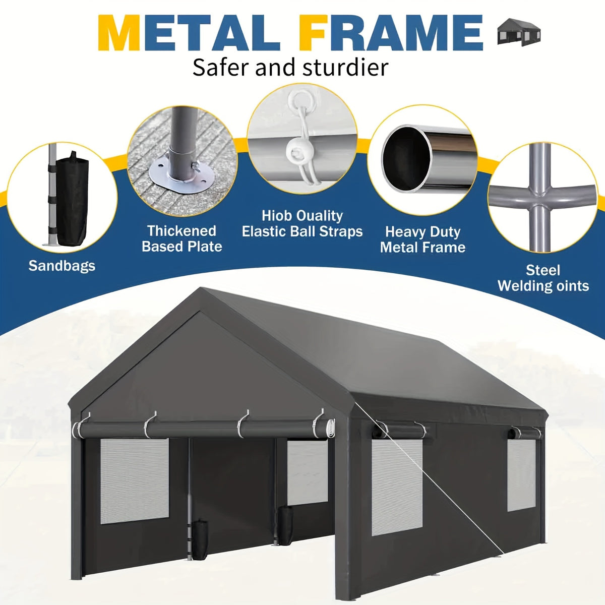 JAMFLY Sturdy Carport Featuring Roll-Up Ventilated Windows, Outdoor Canopy, Portable Garage Gazebo Equipped with Detachable Sidewalls & Doors for Vehicles, Truck, Boat, All-Season Tarp Car Canopy