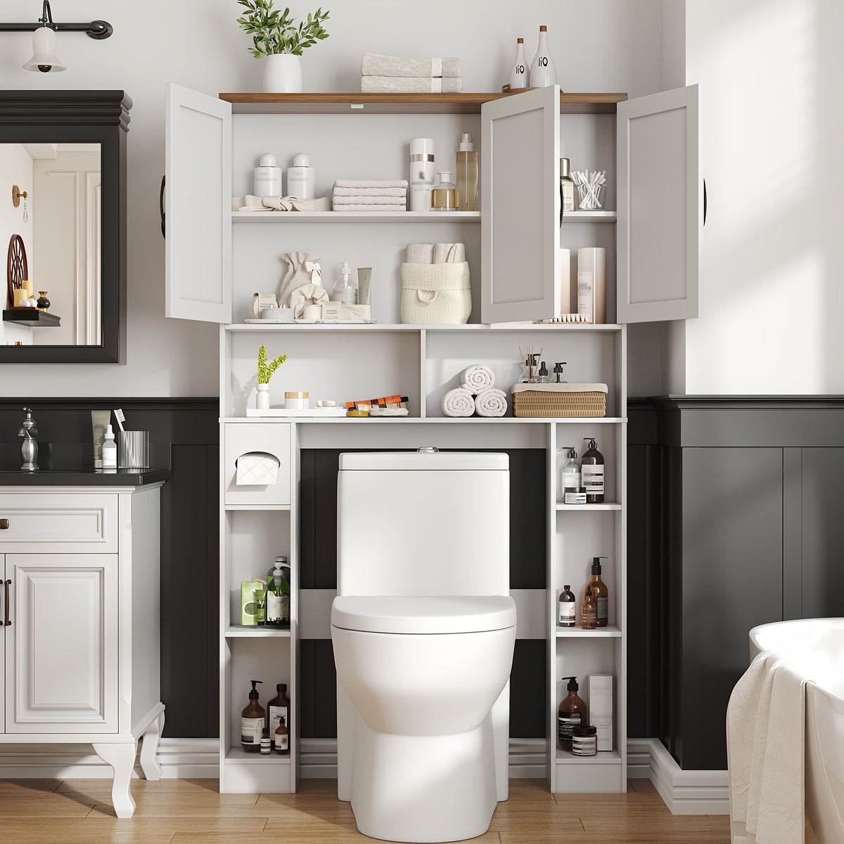 Over-The-Toilet Storage Cabinet with 3 Barn Doors - Farmhouse -Standing Bathroom Organizer, Space-Saving Suitable for Bathroom, Restroom, Laundry Room, Shelves, Toilet Paper Holder & Towel Rack, Assembly Required ( Color:)
