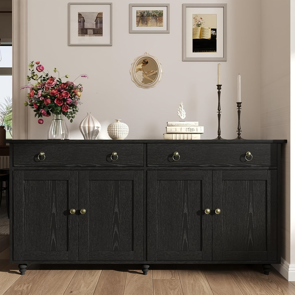 55-Inch Sideboard Buffet Unit, Mid-Century Kitchen Storage Cabinet Featuring 2 Drawers And 4 Doors, Coffee Bar Storage Cabinet