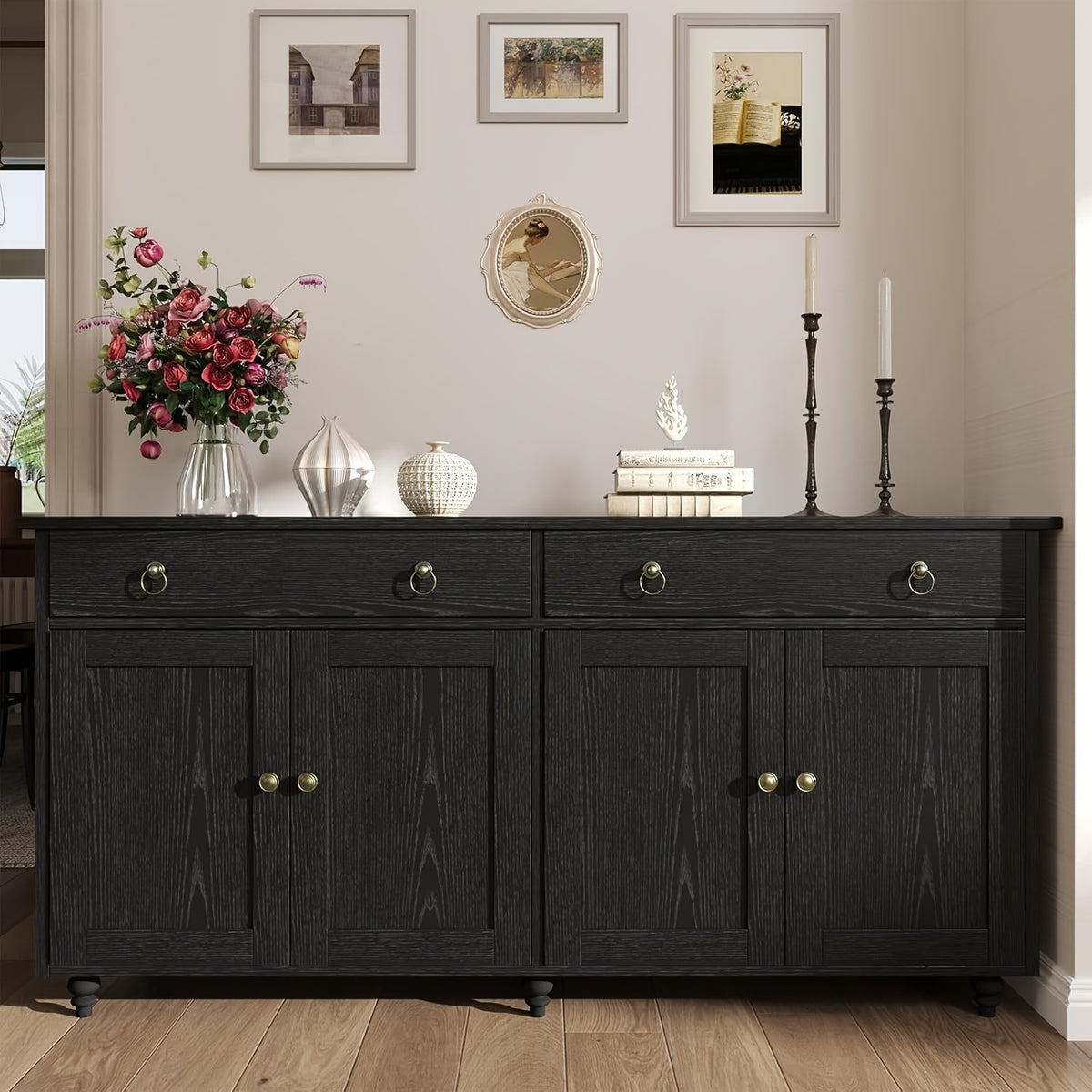 55-Inch Sideboard Buffet Unit, Mid-Century Kitchen Storage Cabinet Featuring 2 Drawers And 4 Doors, Coffee Bar Storage Cabinet