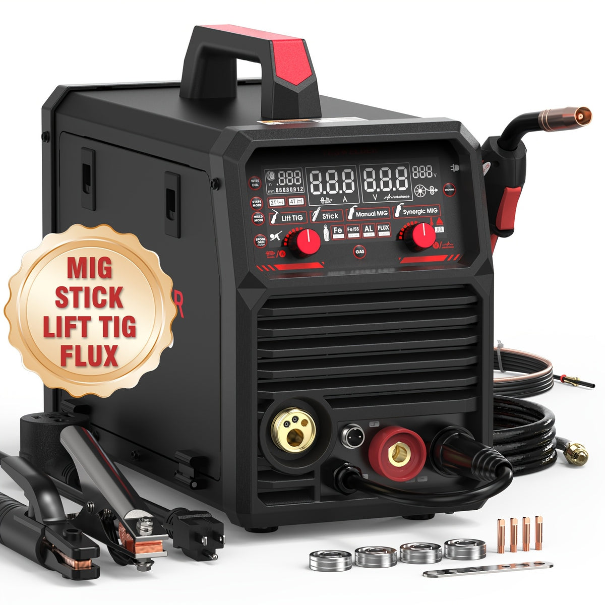 185Amp MIG Welder, 5-in-1 Flux Core/Gas/Spool Gun MIG, Lift TIG, Stick, Mig, Synergic Control, LED Display, Dual Voltage 110/220V- Tig Torch & Spool Gun Sold Separately