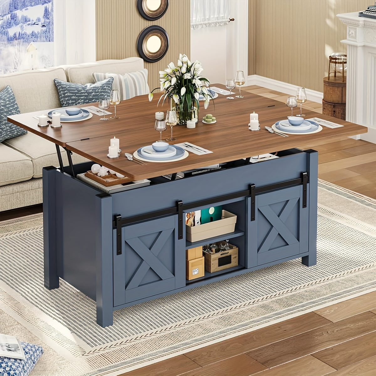 Farmhouse Lift Top Coffee Table with Hidden Compartments And Open Shelves, Center Table with Sliding Barn Door for Living Room Home Office, Light Oak Gray