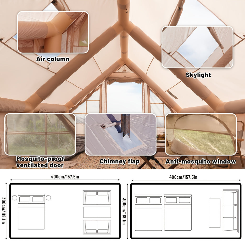 PAKICETUS Large Inflatable Camping Tent (Optional: Skylight, Stove Jack, and Door), Quick Air-Flow & Breathable Mesh Design, Summer Glamping Hot Tents for Camping with Stove, Quick Setup Inflatable Camping Tent for 4-6 Person Families, All-season