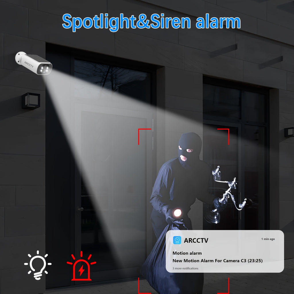 ARCCTV Cam 4-Cam Kit, Security Camera Outdoor Wireless, 2K Camera with Integrated Solar Panel, Forever Power, Smart Siren & Spotlights, 2-Way Audio, App-Controlled (Wi-Fi), 4MP Face Recognition AI, 5G & 2.4 GHz Wi-Fi, No Monthly Fee