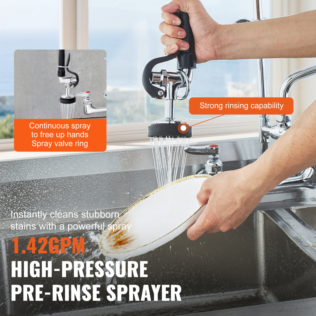 VEVOR Commercial Faucet with Pre-Rinse Sprayer, 21" Height, 8" Center, 12" Swing Spout, Wall Mount Kitchen Sink Faucet, Brass Constructed Device with Pull Down Spray, for 1/2/3 Compartment Sink