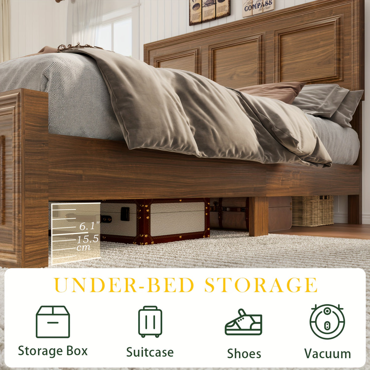 Platform Bed Frame with Headboard, Farmhouse Style, Height Adjustable, Brown and White