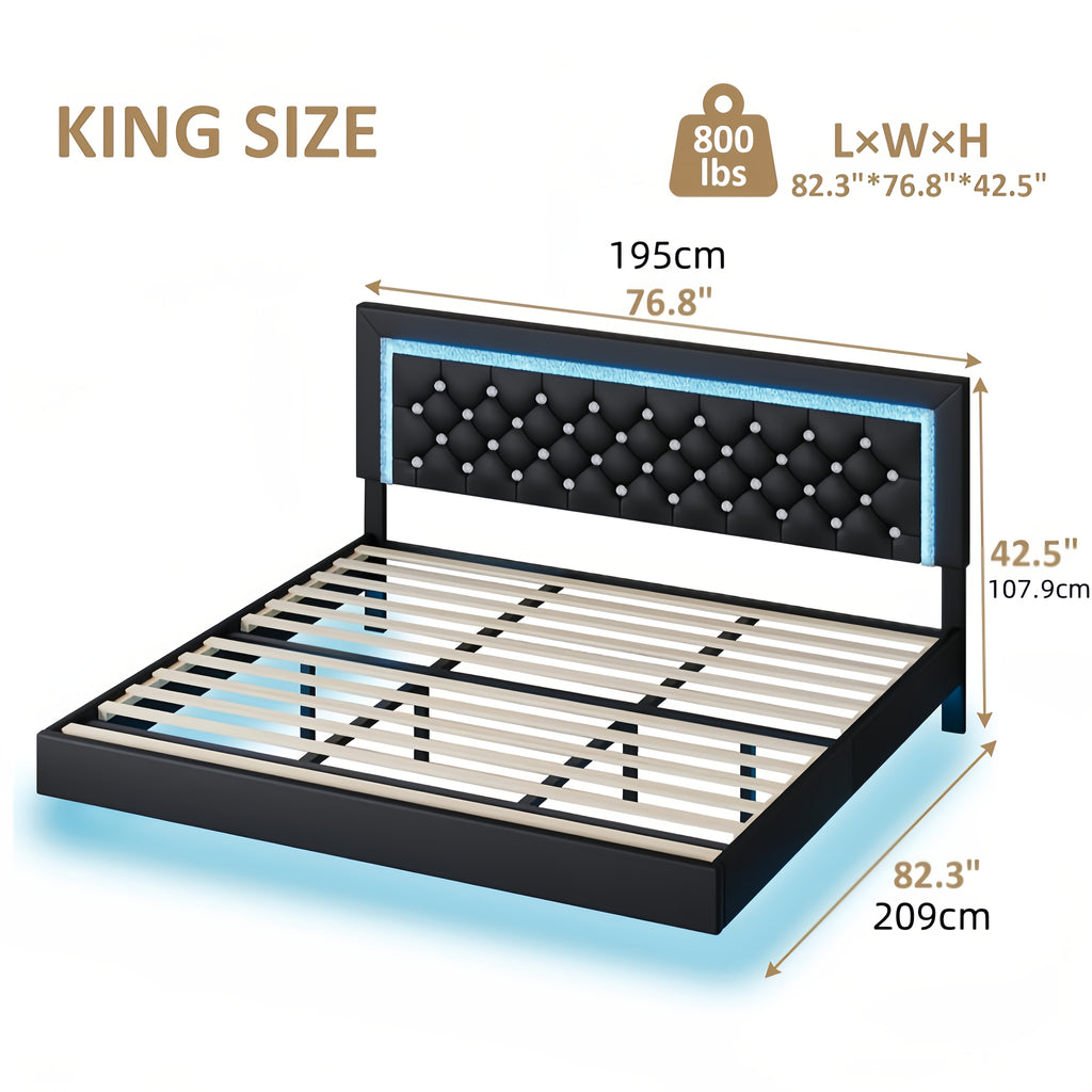 Twin Full Queen King Size Floating Bed Frame with LED Lights, Upholstered Platform Bed with Diamond Tufted Headboard, No Box Spring Needed, Noise Free, Easy Assembly, Black/Pink/White