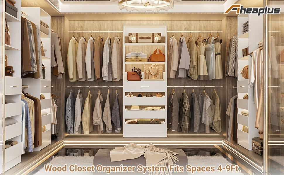 Closet System, Closet Organizer System with 4 Wooden Drawers, Walk-in Closet Wardrobe Clothes Rack with 4 Hanging Rods, Fit for 4-9ft Space, Garment Rack, White, Mounted Closet Systems