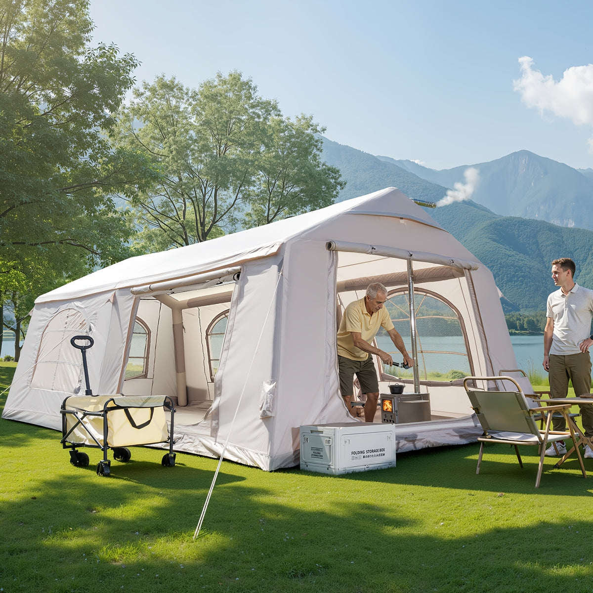 LILYPELLE 6-12 Person Ridge-Style Inflatable Camping Tent with Manual Pump, Large Mesh Windows And Curtain Divider, Four-Season Use, Easy Setup, Ideal for Groups And Families