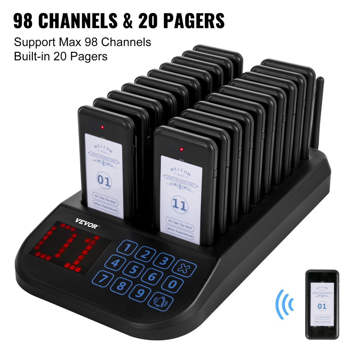 VEVOR F103 Restaurant Pager System 20 Pagers, Max 98 Beepers Wireless Calling System, Touch Keyboard with Vibration, Flashing and Buzzer for Church, Nurse, Hospital & Hotel