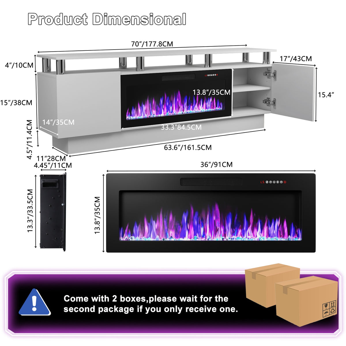 70-Inch Contemporary TV Stand Featuring a 36-Inch Electric Fireplace, Designed As an Entertainment for Televisions Up to 80 Inches, with Modern Wooden Media Storage Cabinets Suitable for The Living Room