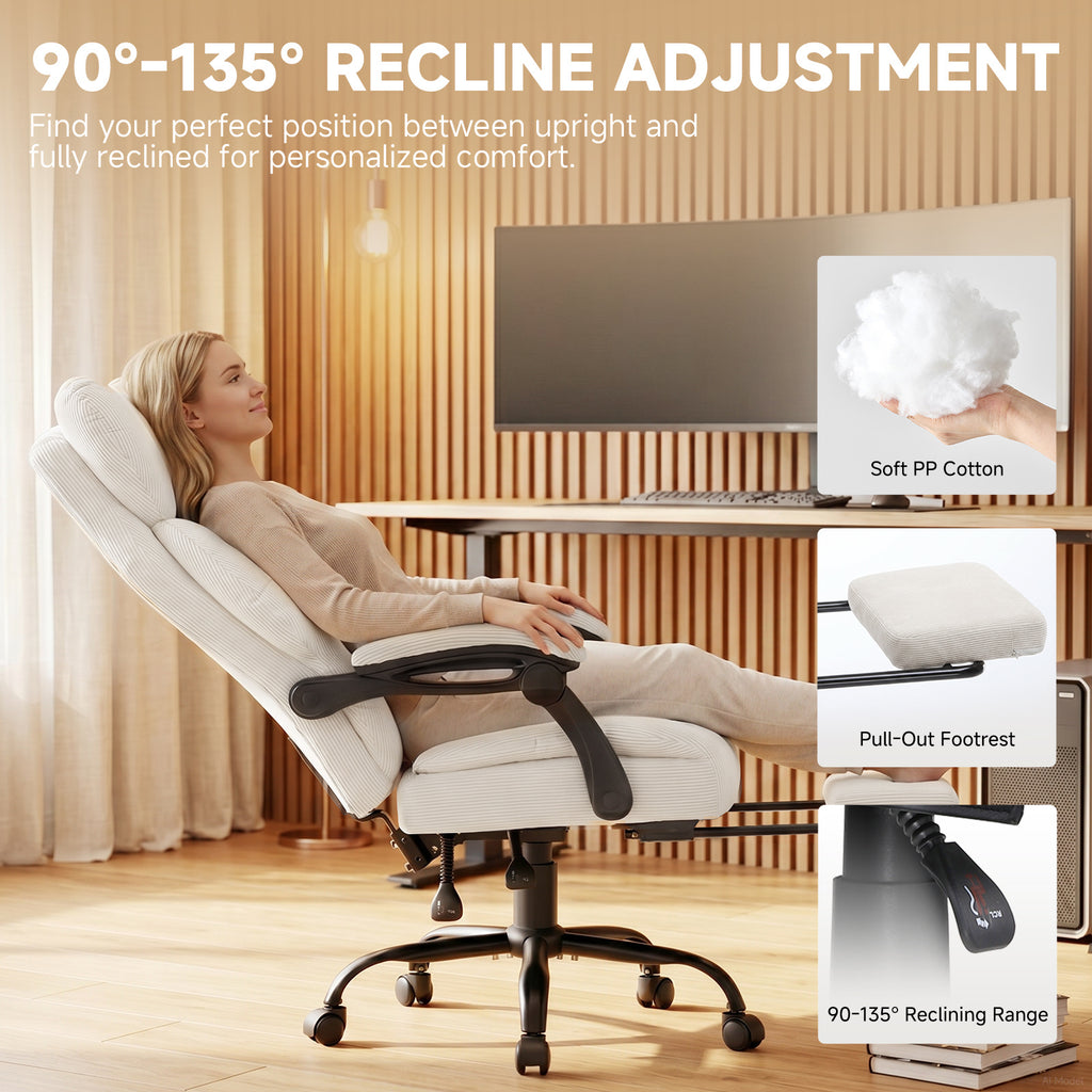 Ergonomic High Back Office Chair with Linkage Widened Armrest, Big&Tall Executive Office Chair, Gaming Chair, Thick Pocket Spring Wide Seated Cushion, Desk Chair with Retractable Footrest for Adults, Faux Leather/Corduroy/Fabric, OC-305