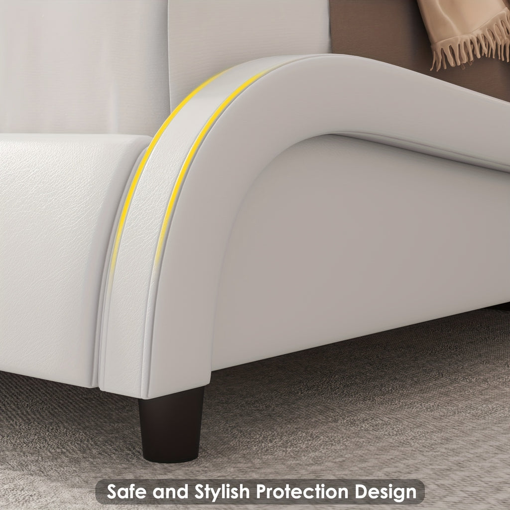 Upholstered Bed Frame Available in Full, Queen, And King Sizes Featuring an Adjustable Headboard, a Wavy Design, a Removable Backrest, And Solid Wooden Slats for Support, Eliminating The Need for a Box Spring, Offered in Faux Leather in White