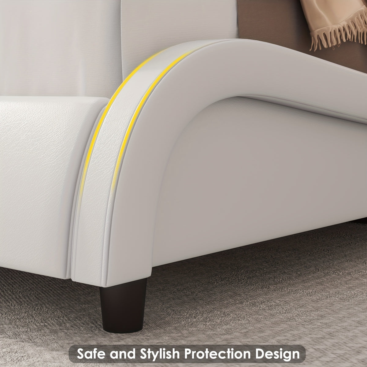 Upholstered Bed Frame Available in Full, Queen, And King Sizes Featuring an Adjustable Headboard, a Wavy Design, a Removable Backrest, And Solid Wooden Slats for Support, Eliminating The Need for a Box Spring, Offered in Faux Leather in White
