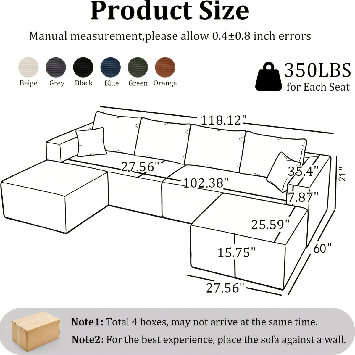 95 Inch L-Shaped Sectional Sofa, Fluffy Corduroy Cloud Sleeper Couch, Free Combination Boneless Sofa with Wide Chaise And Ultra-Deep Seating, Cozy Lounge Furniture for Apartment, Living Room, Easy Setup