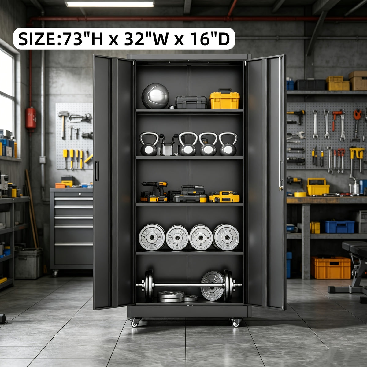 Metal Storage Cabinet with Wheels, Pegboards, Locking Doors And 4 Adjustable Shelves, 71"H/72"H/73"H Tool Cabinet for Garage, Home, Basement, Kitchen