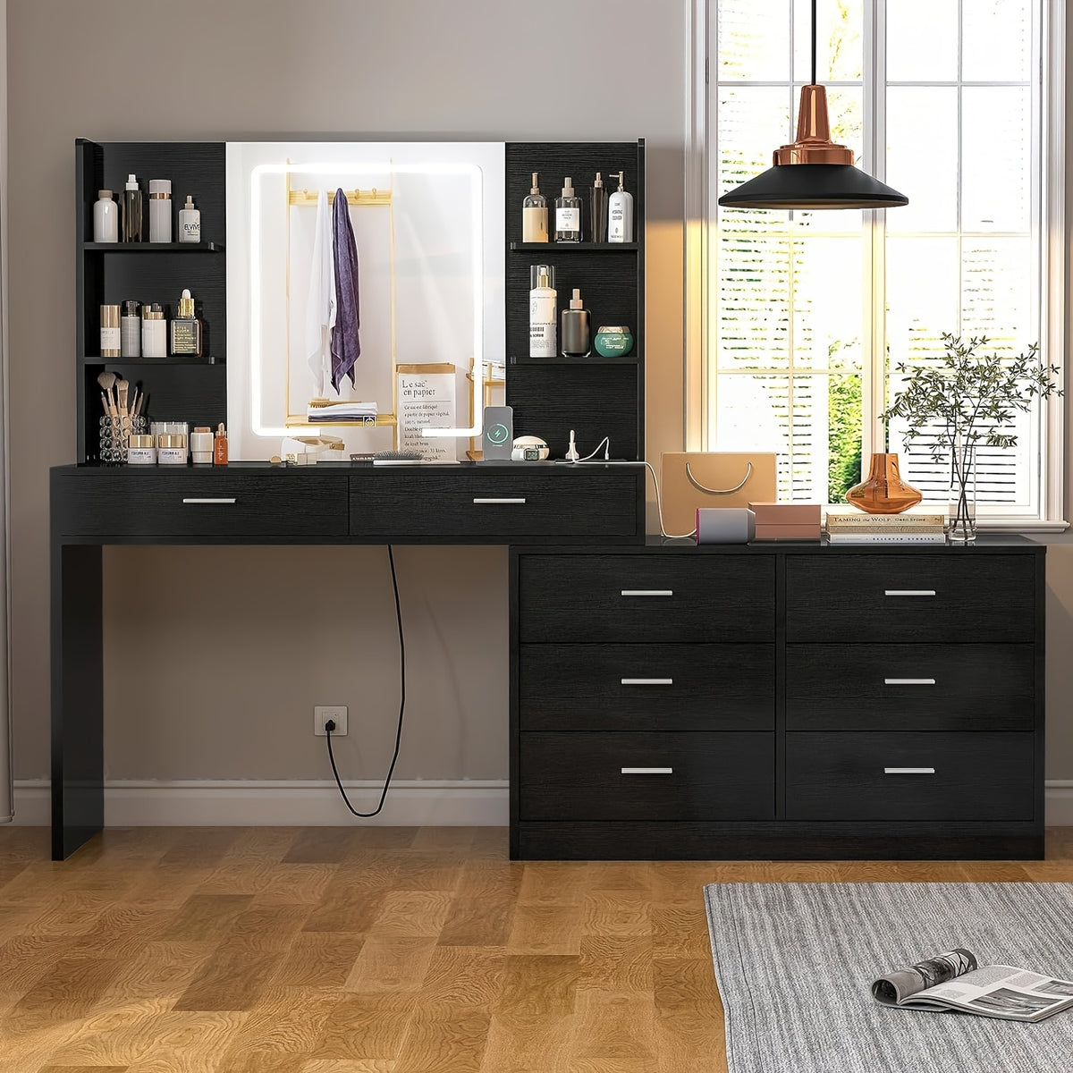 Vanity Desk with LED Lighted Mirror & Power Outlet, Modern Corner Makeup Vanity Table with 8 Drawers & Open Shelves, Dressing Table for Valentine's Day Gift