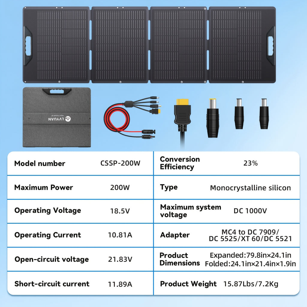 LVYUAN New Portable Solar Panel 200W/400W for Power Station, 23% Efficiency Mono Foldable Solar Charger with 4 Kickstands And 3M Cable (MC4 to DC5521/DC5525/DC7909/XT60 Connectors) for Camping RV Home Backup, Without Battery