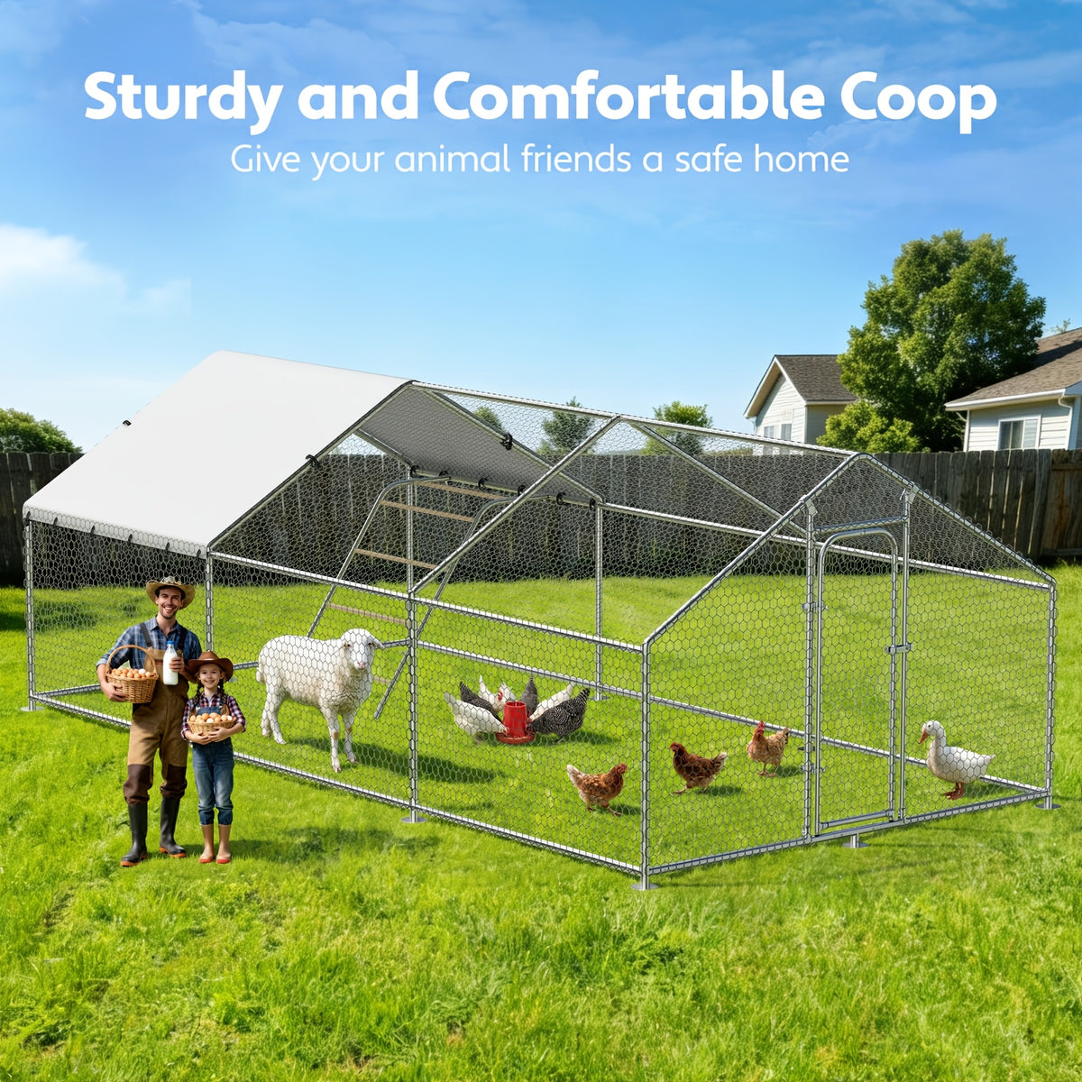 Walk-In Metal Chicken Coop | Outdoor Activity Enclosure With Uv-Resistant Canopy, Predator-Proof Hexagonal Mesh, And 5-Tier Extra-Large Roosting Bars | Ideal For Backyard Housing Of Chickens, Ducks, Geese, And Small Fowl