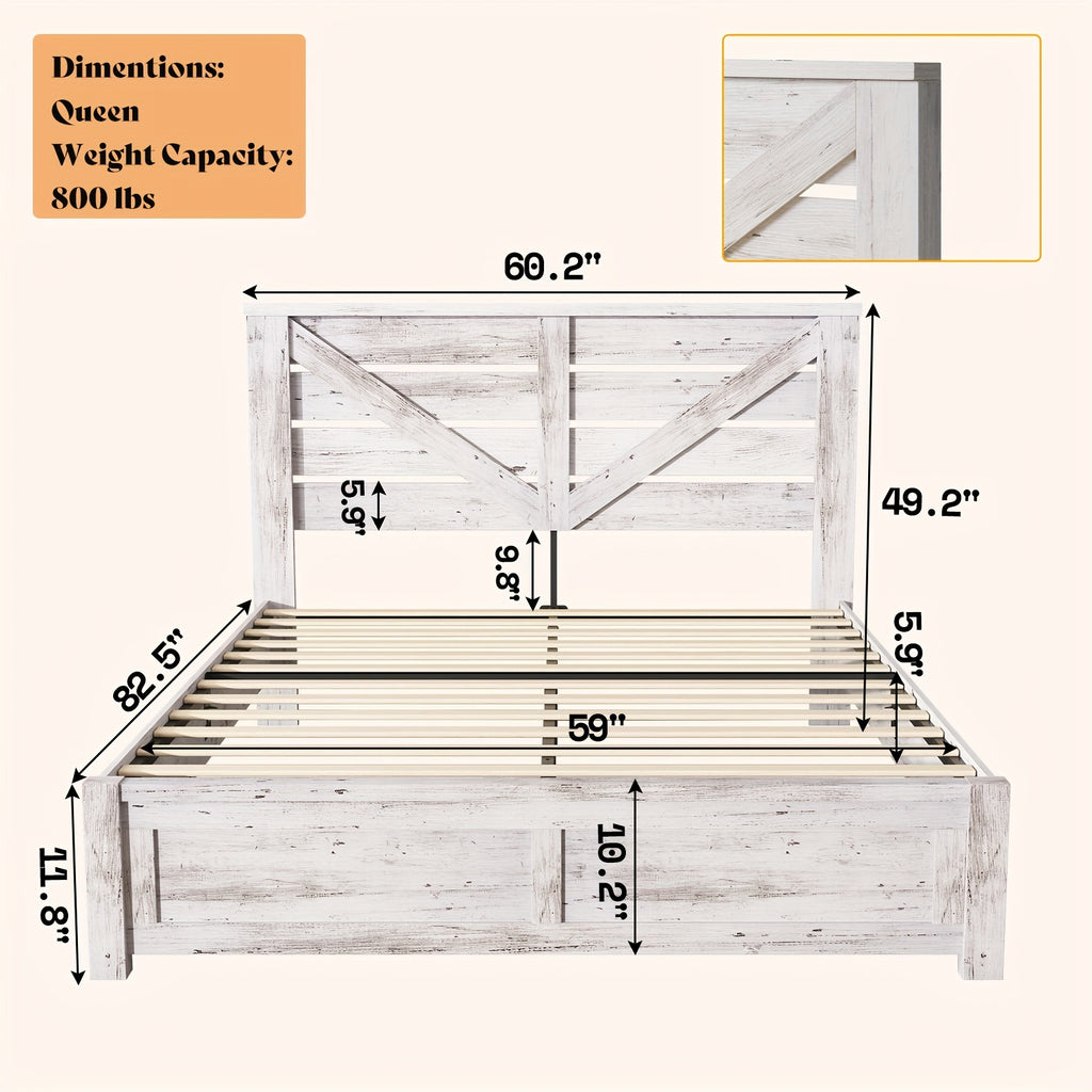 Farmhouse Bed Frame with 49.2" Barn Door Headboard, Platform Bed Frame with Wood Slat, Under Bed Storage Space, Easy Assembly, Noise-Free