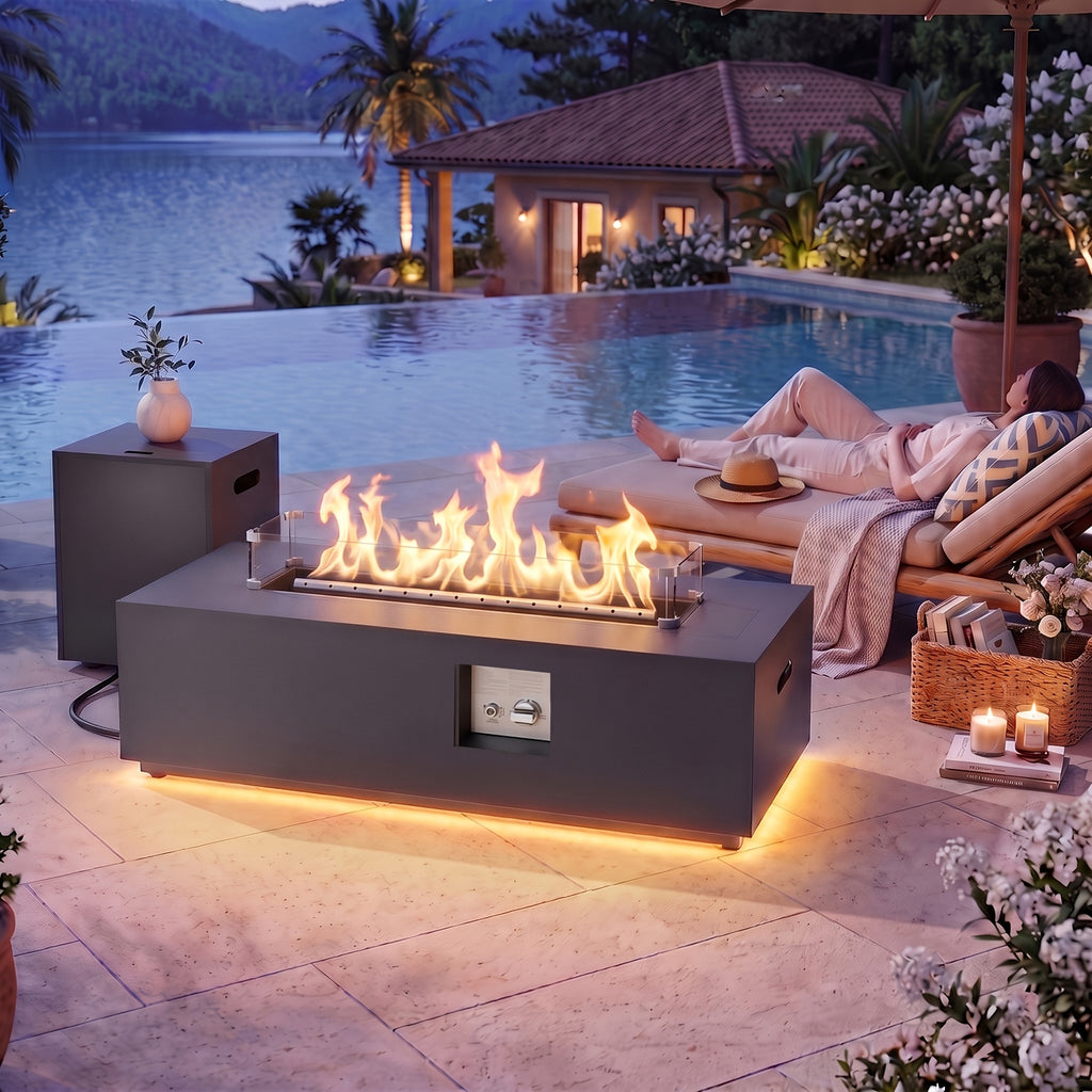 1pc 42 Inch Rectangular Propane Fire Pit Table 50, 000 BTU, Outdoor Gas Firepit With Lid, Blue Fire Glass & Glass Wind Guard, RGB/Warming Light, Includes Rain Cover For Patio, Backyard Deck (Black/Grey/Light Grey)