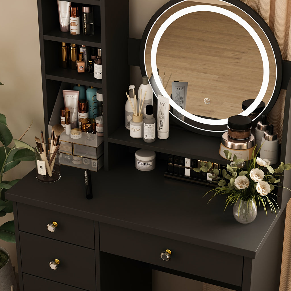 Unique Black Dressing Table Set, With LED Light Mirror, Open Storage Shelves And Stool, Modern Bedroom Dressing Table, Black