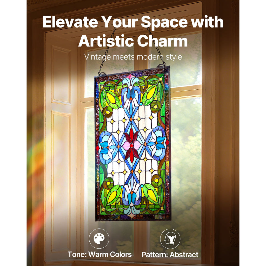 Stained Glass Tiffany Style Hanging Window Panel with Chain 17 x 29 Inches