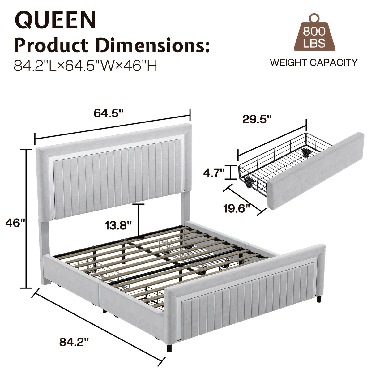 LUXOAK Queen Size LED Platform Bed Frame With Upholstered Design, Featuring 4 Storage Drawers, Vertically Channeled Adjustable Headboard, Box Spring Not Required