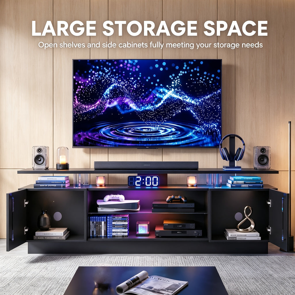 72"/82" High-Glossy TV Stand With 2 Side Cabinets, Modern Stylish TV Console With 3 Layer LED Lights, Gaming TV Media Console With Adjustable Glass Shelf, Black