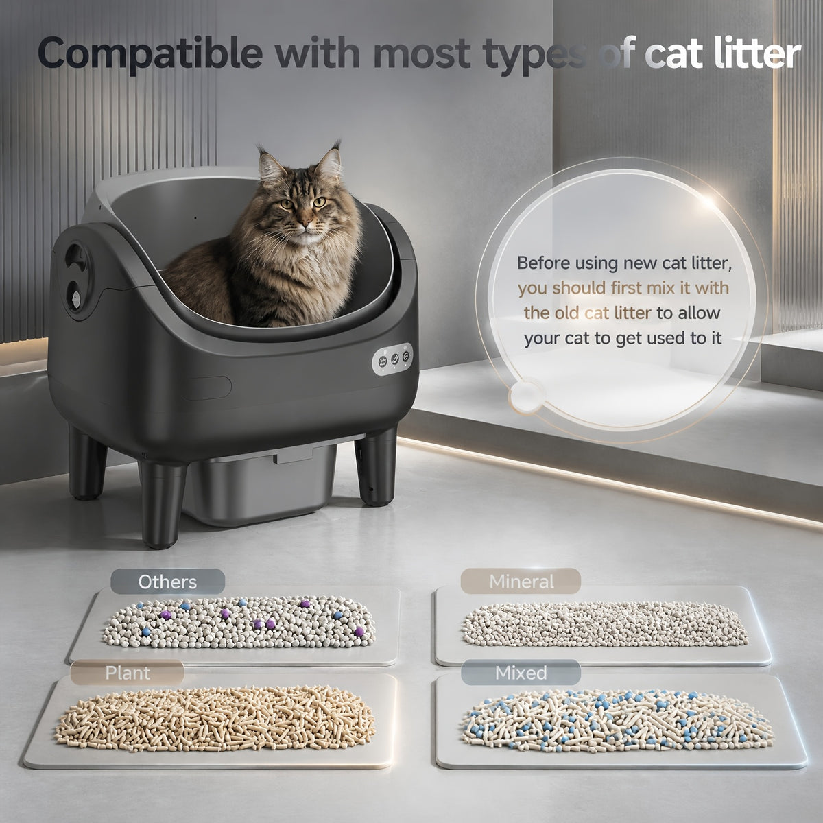[Self-Cleaning Litter Box] Extra-Large Smart Self-Cleaning Litter Box with Built-In Sterilizing Light for Double Deodorization, Large-Capacity Waste Tray, 14-Day Automatic Cleaning, Open Design, Ideal Choice for Busy Households, Without Battery