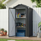 UMORLYRAE Vertical Metal Tool Cabinet, Weatherproof Outdoor Storage Shed with Floor Base & Adjustable Shelves, A-Frame Roof Design, Space-Saving for Garden, Garage, Patio(2.5x2ft/3.5x2.2ft)