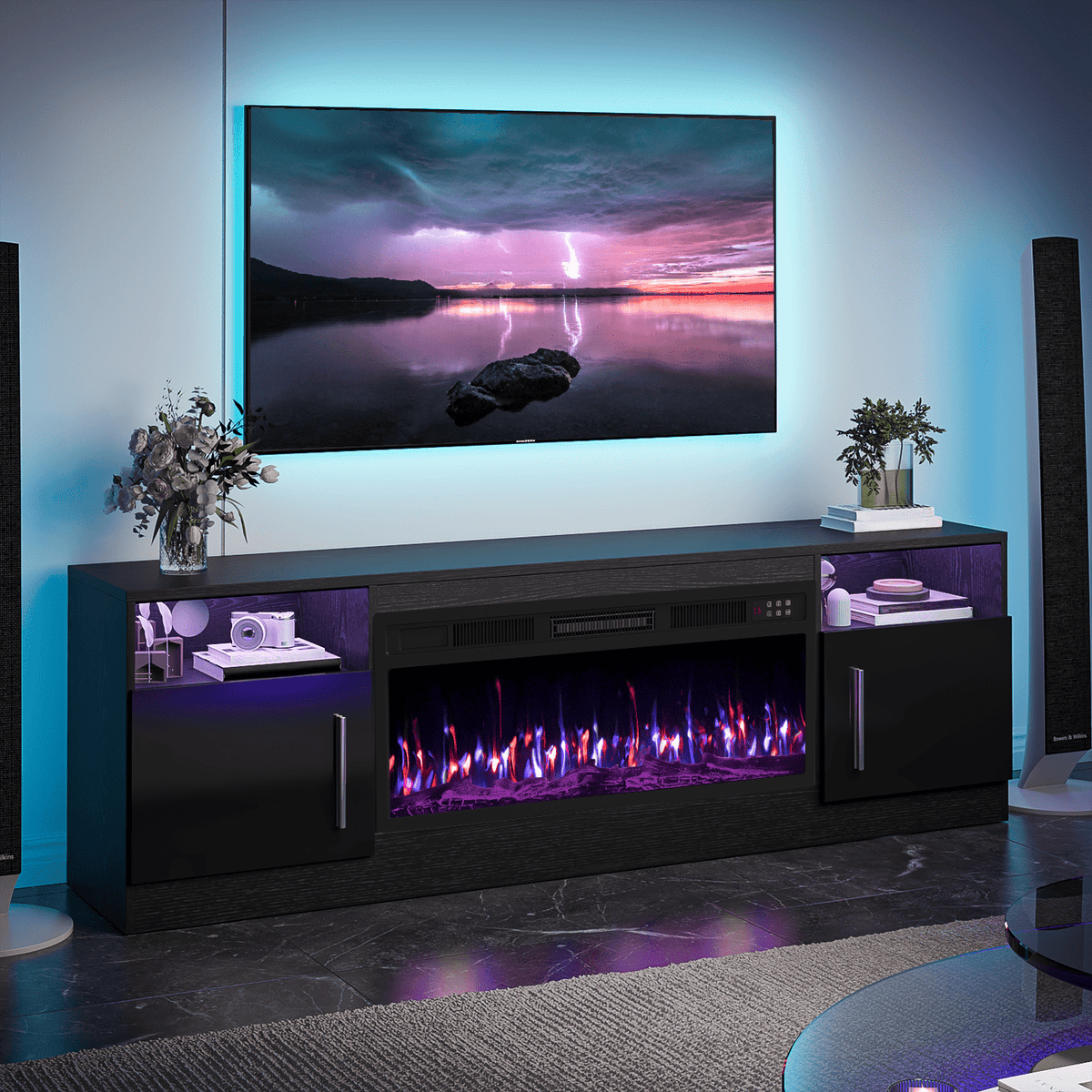 70“ Fireplace TV Stand with 36" Electric Fireplace Up to 80" TVs, Led Entertainment Center with High Glossy Doors, Modern Wood Media TV Console for Living Room