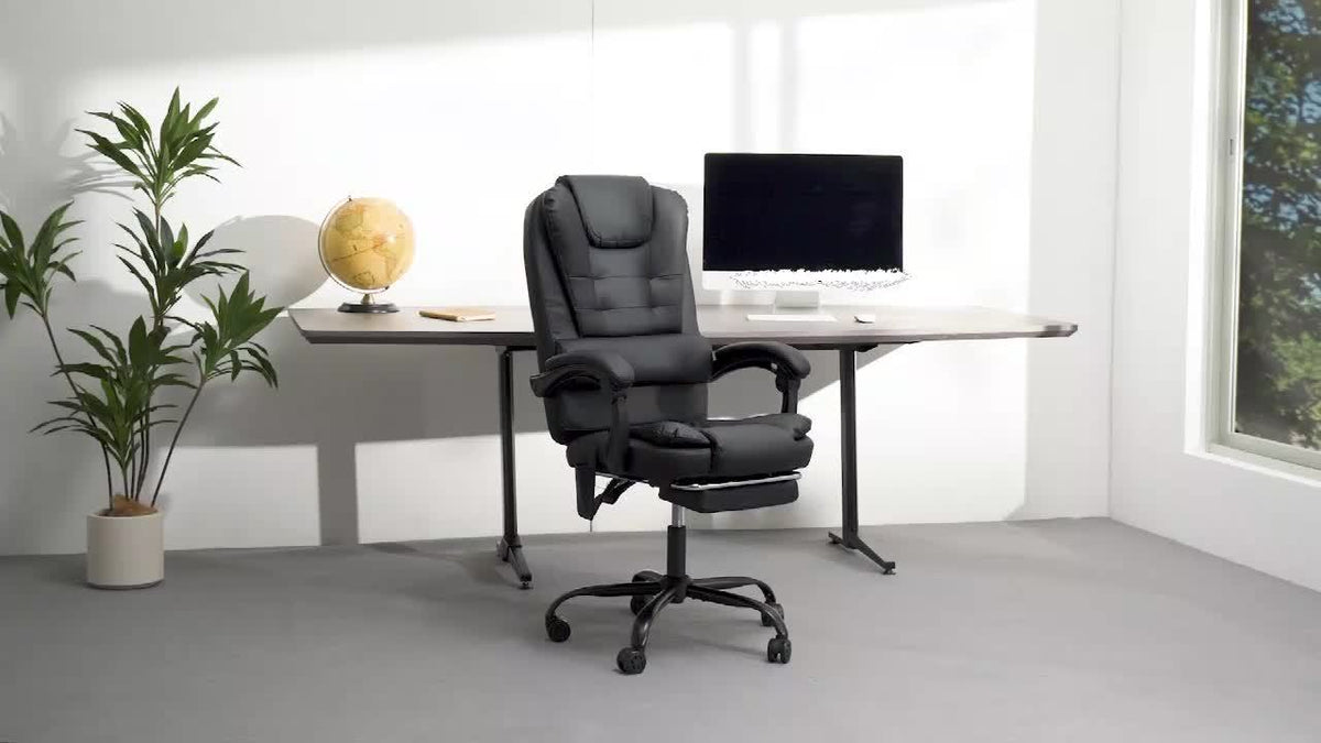 Office Chair Designed for Executives Featuring a 7-Point Massage System, Lumbar Support, And a Swivel Base. It Has a High Back Made of Leather And Includes a Reclining Footrest, Suitable for Home Office Use.